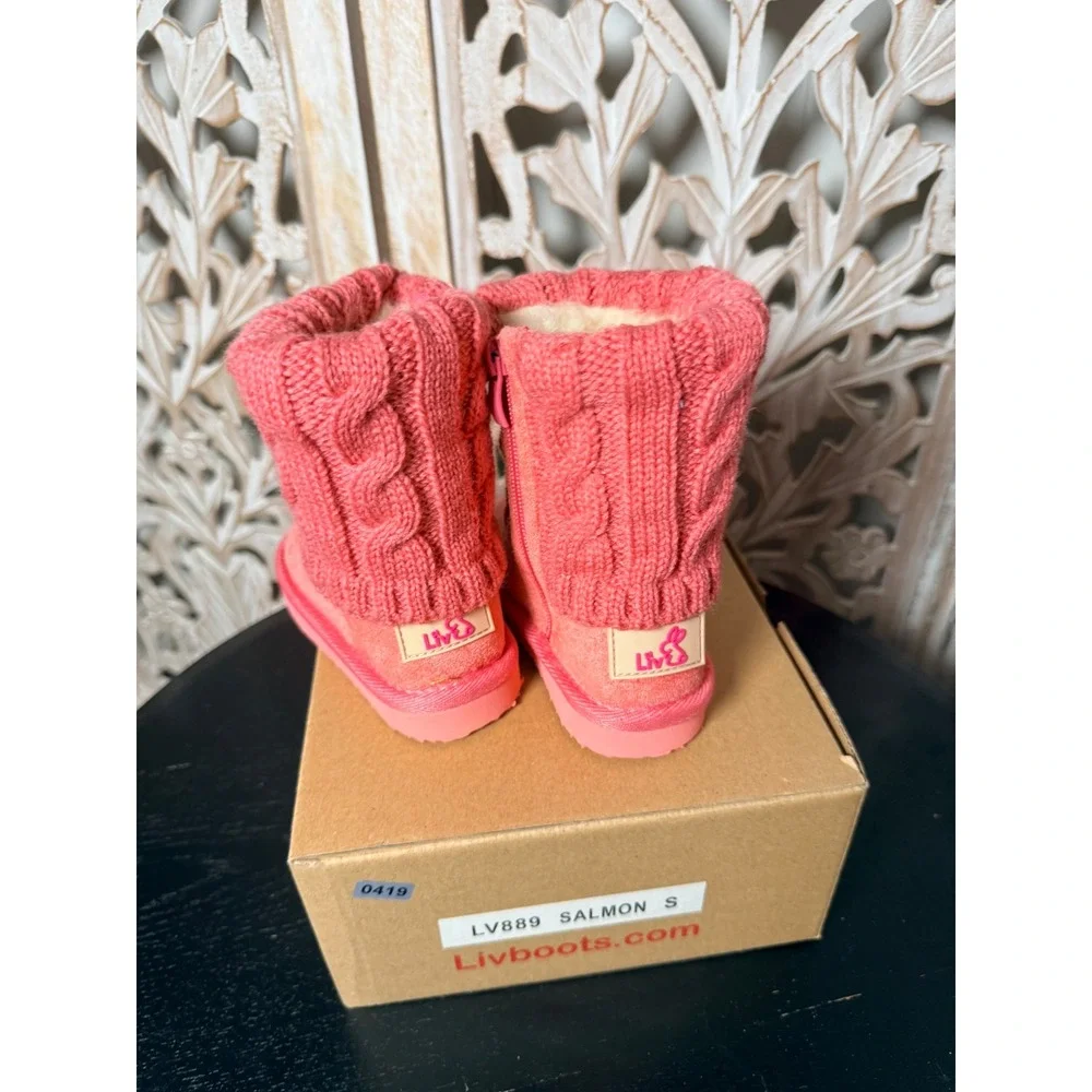 Livboots LV889 Salmon Pink Cable Knit Faux Fur Lined Winter Boots Kids Size S